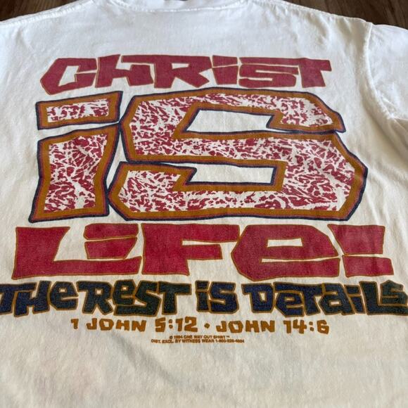 Vintage Jesus T-Shirt Men's Size M White Christian Graphic Tee 1990s Double Side - Picture 8 of 8